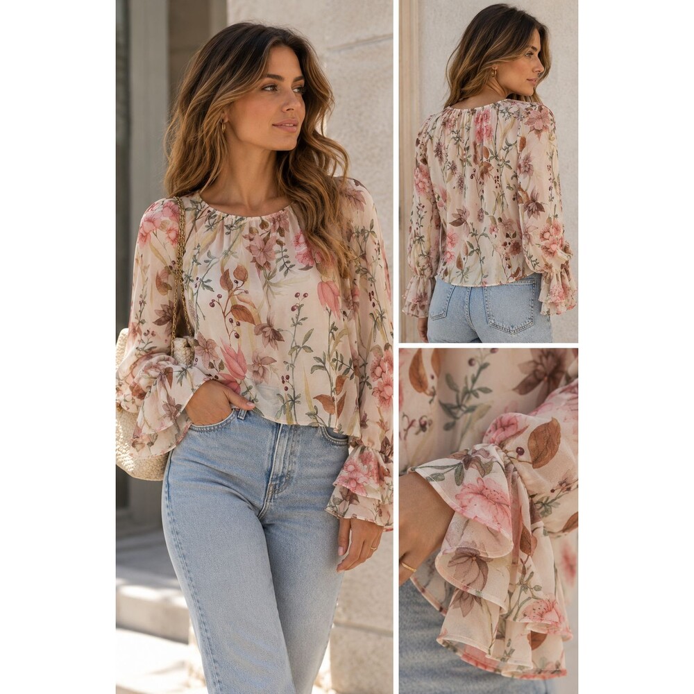 H&M Botanical Floral Blouse XS Romantic Puff Sleeve Cottagecore Top